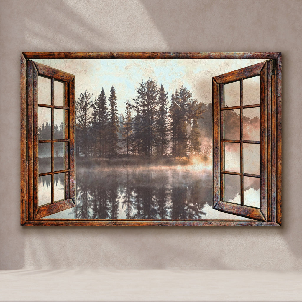 Foggy Autumn Lake View by the Window Canvas wall art with nature-inspired artwork