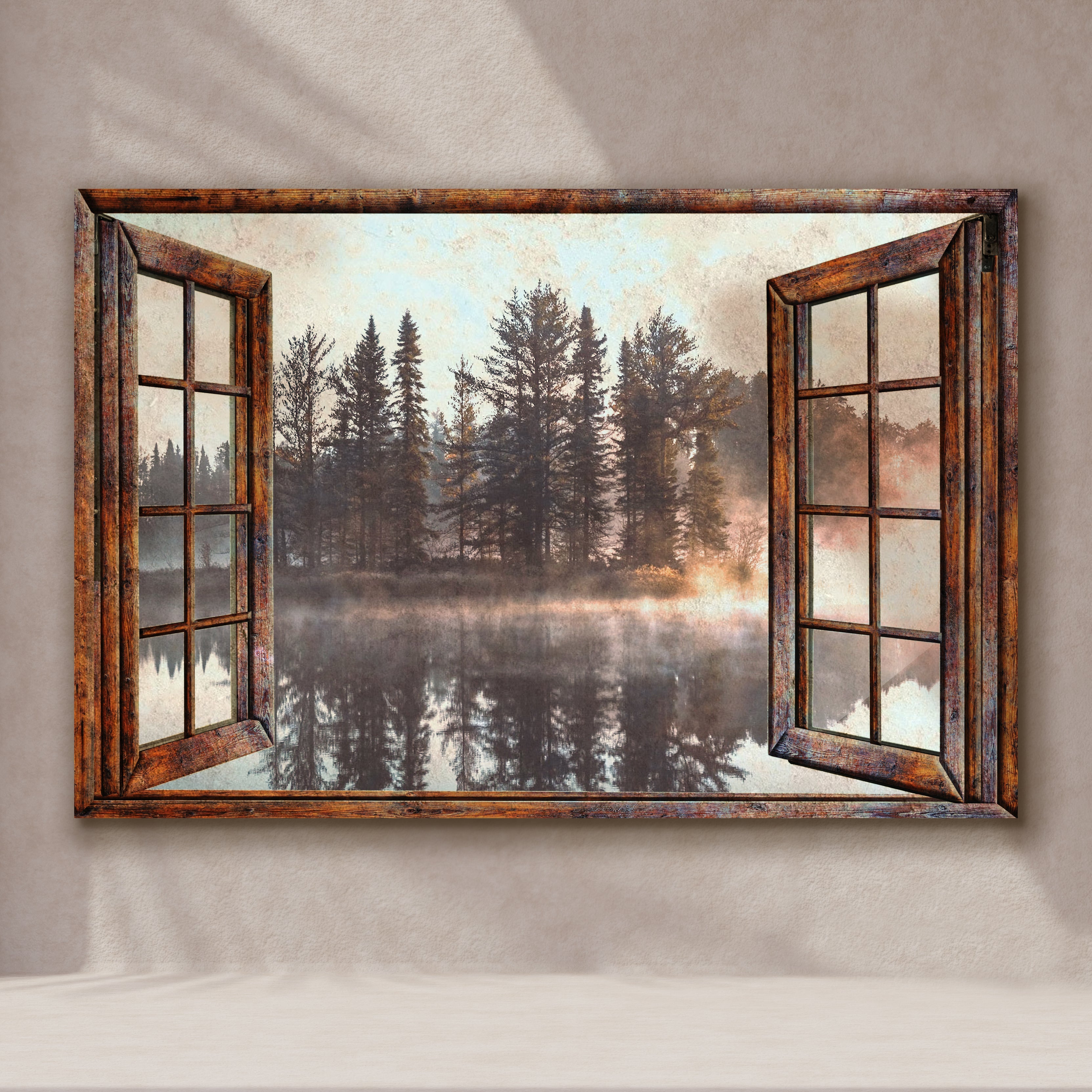 Foggy Autumn Lake View by the Window Canvas wall art with nature-inspired artwork