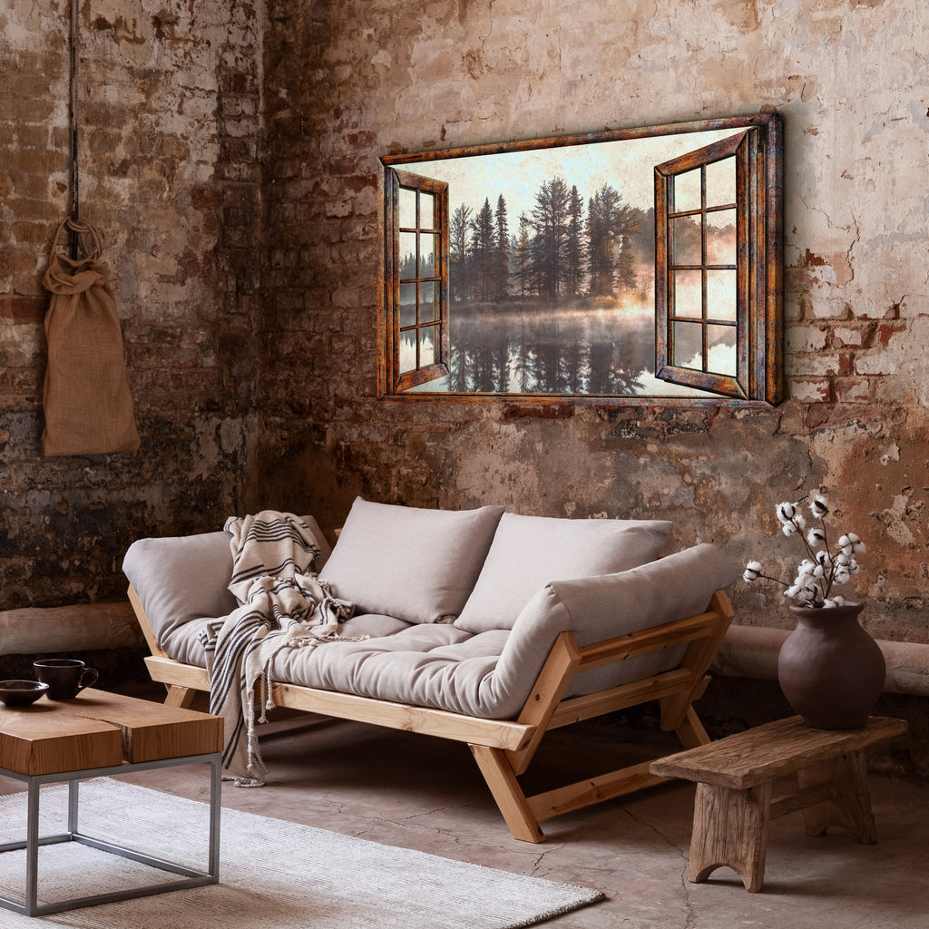 Foggy Autumn Lake View by the Window Canvas wall art with nature-inspired artwork - product view 2