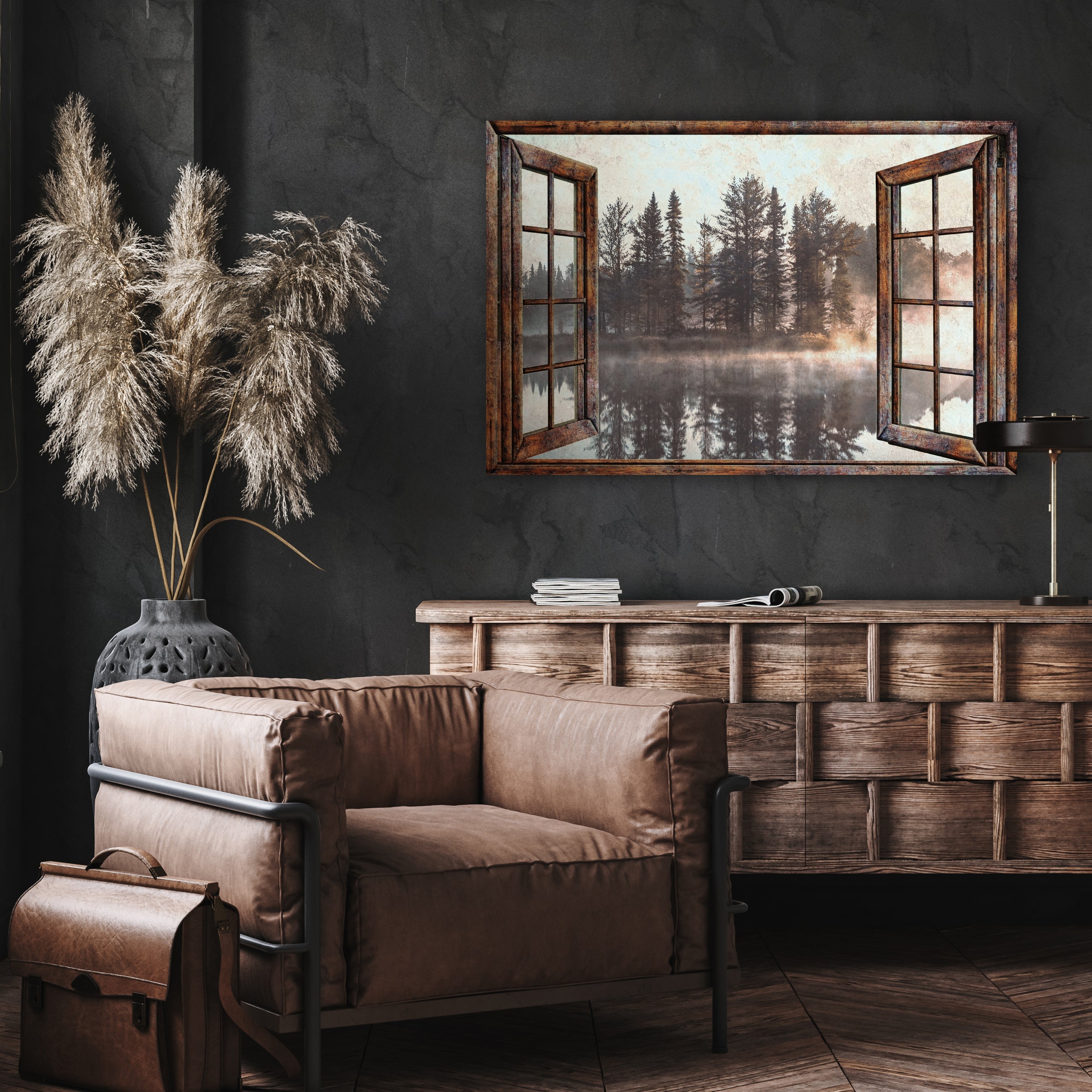 Foggy Autumn Lake View by the Window Canvas wall art with nature-inspired artwork - product view 3
