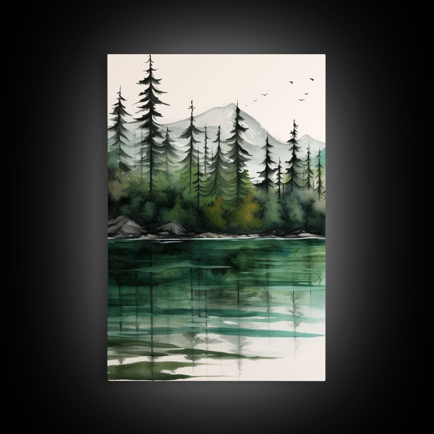3 Panel Watercolor Emerald Green Mountain Forest Lake | Framed Canvas Print
