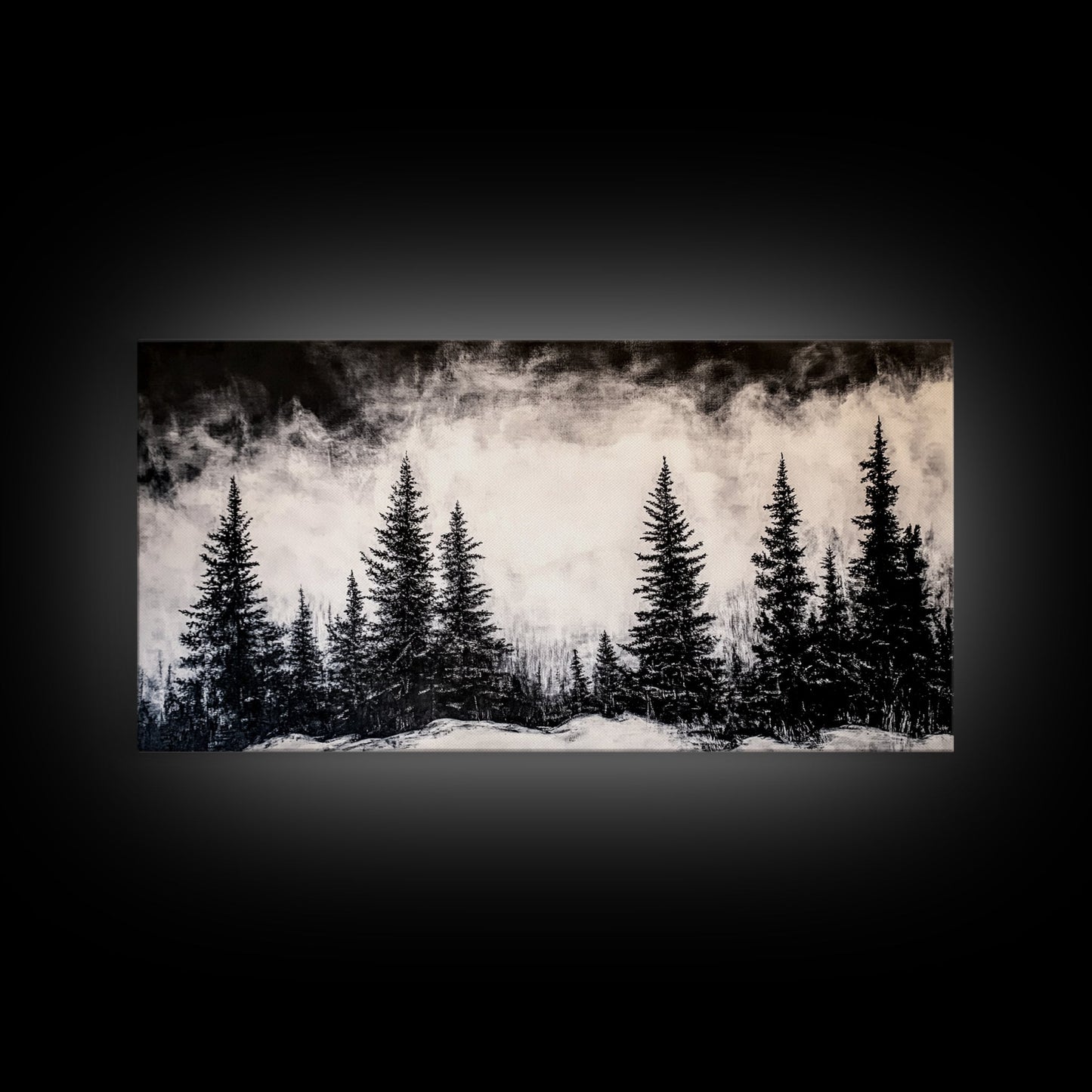 Pine Tree Foggy Winter | Black and White Framed Canvas Print