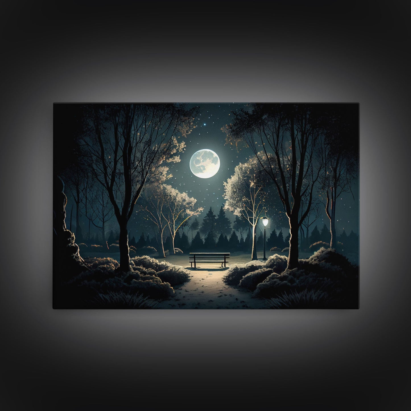 Snow Covered Park at Midnight | Framed Canvas Print