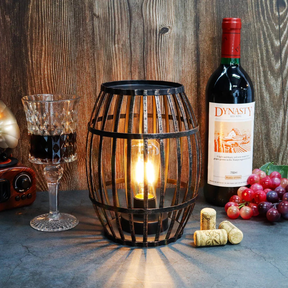 8"h Cordless Metal Wine Barrel Lamp(black Brushed Gold) battery operated lamps with nature-inspired artwork