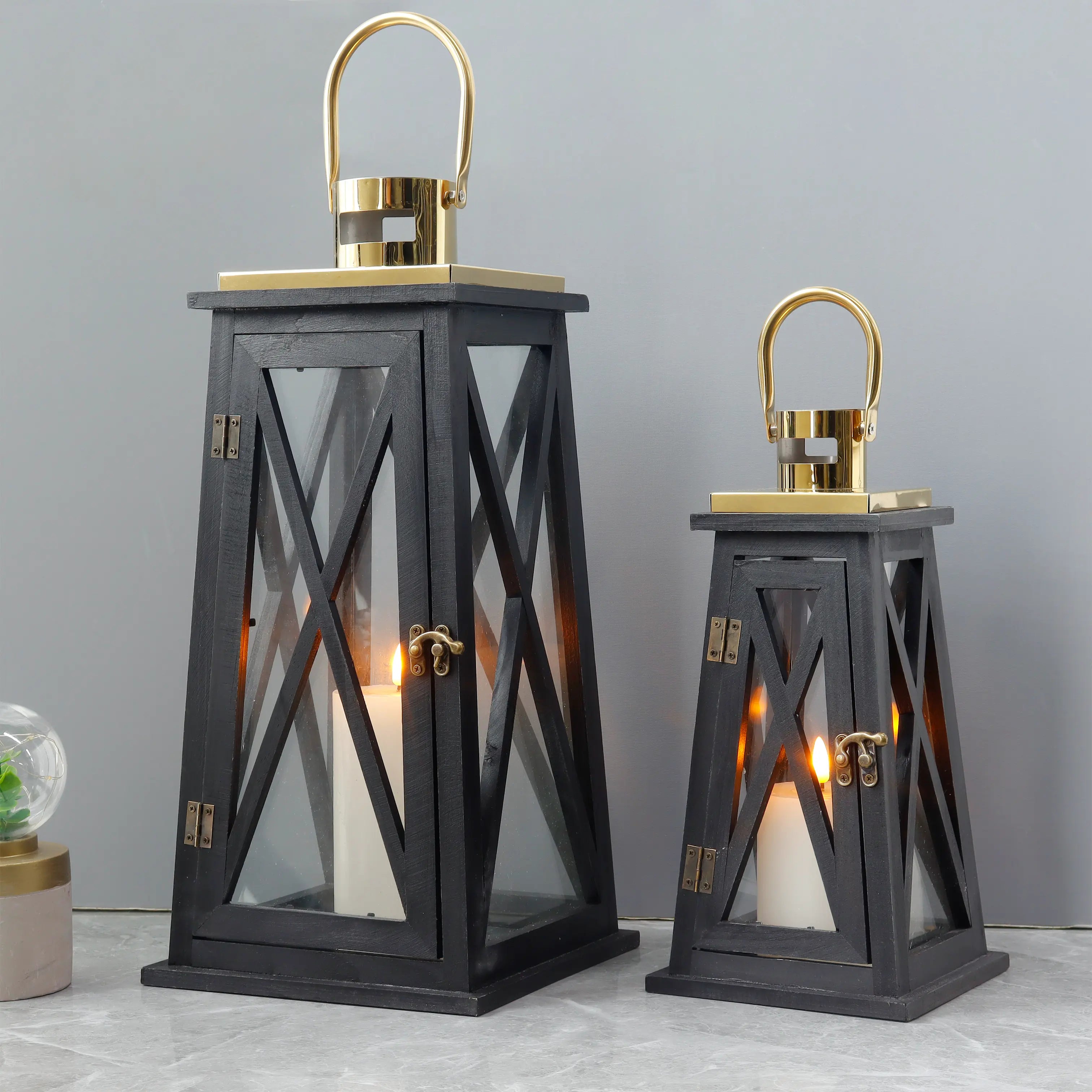 Set of 2 decorative candle lanterns with nature-inspired artwork
