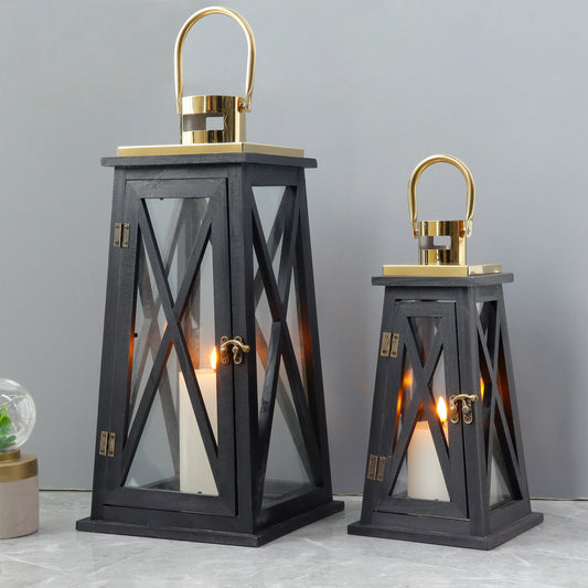 Set of 2-12''&18''H Farmhouse Wooden Lantern(Black Trapezoid)