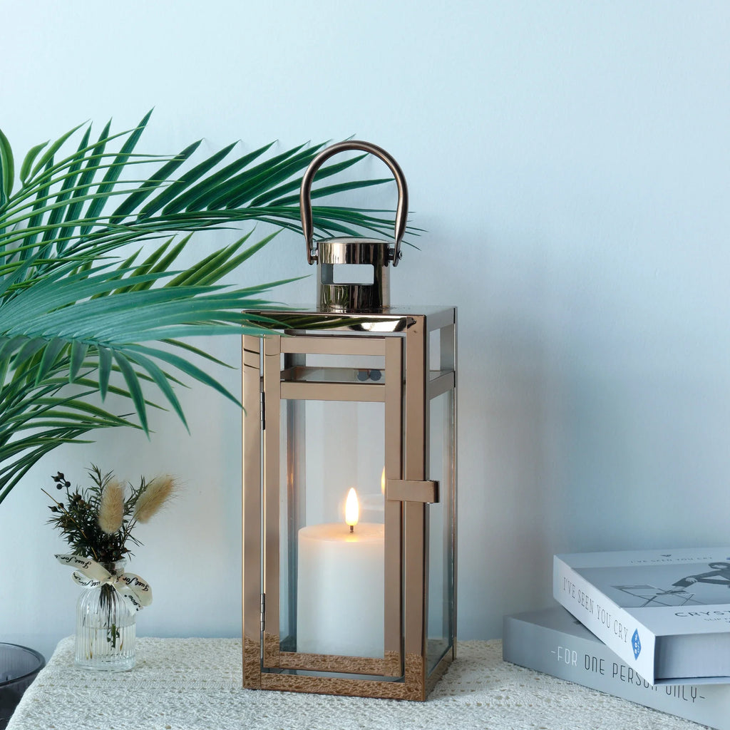 12'' High Metal Decorative Candle Lantern (rose Gold) decorative candle lanterns with nature-inspired artwork