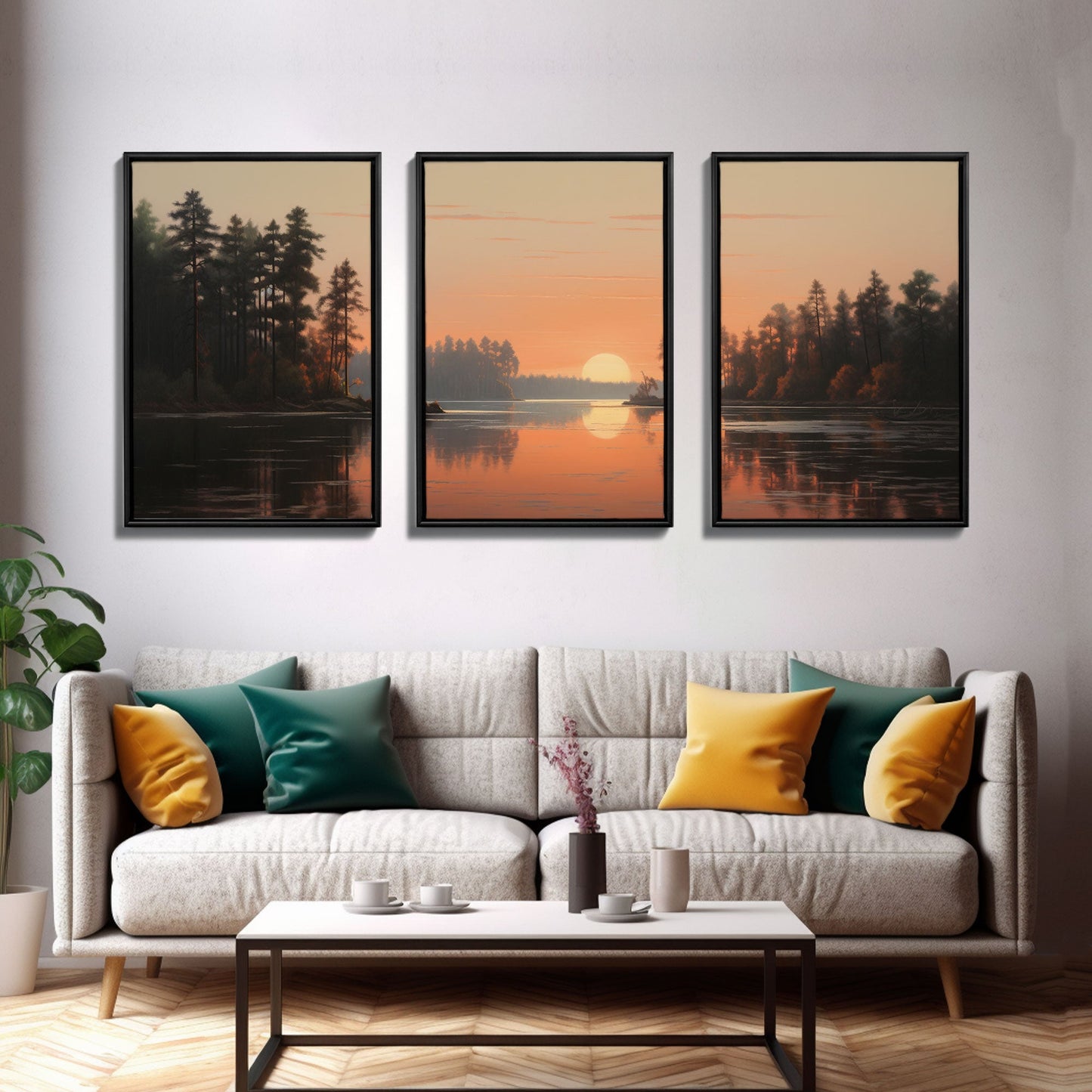 3 Panel Sunset Over the Lake | Framed Canvas Print