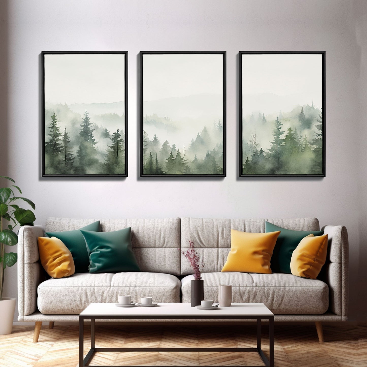3 Panel Emerald Green Pinetree Mountain | Framed Canvas Print