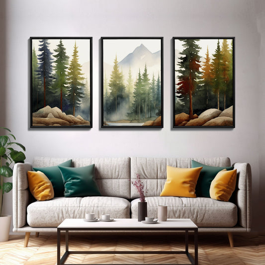 Three framed nature prints above a sofa with colorful cushions in a living room setting.