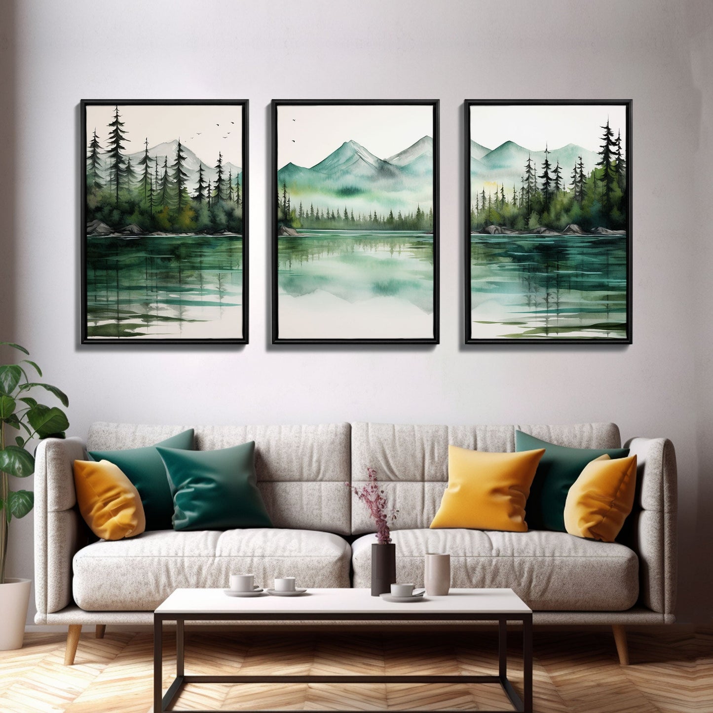 3 Panel Watercolor Emerald Green Mountain Forest Lake | Framed Canvas Print