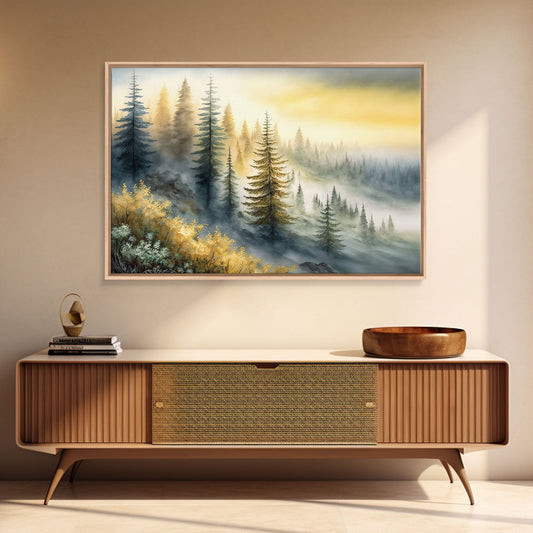 Watercolor Foggy Pine Forest | Framed Canvas Print
