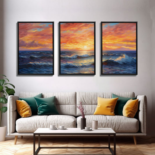 3 Panel Watercolor Blue Beach and Ocean Waves | Framed Canvas Print