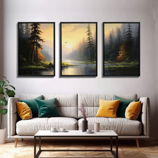 3 Panel Big Evergreen Forest Lake | Framed Canvas Print