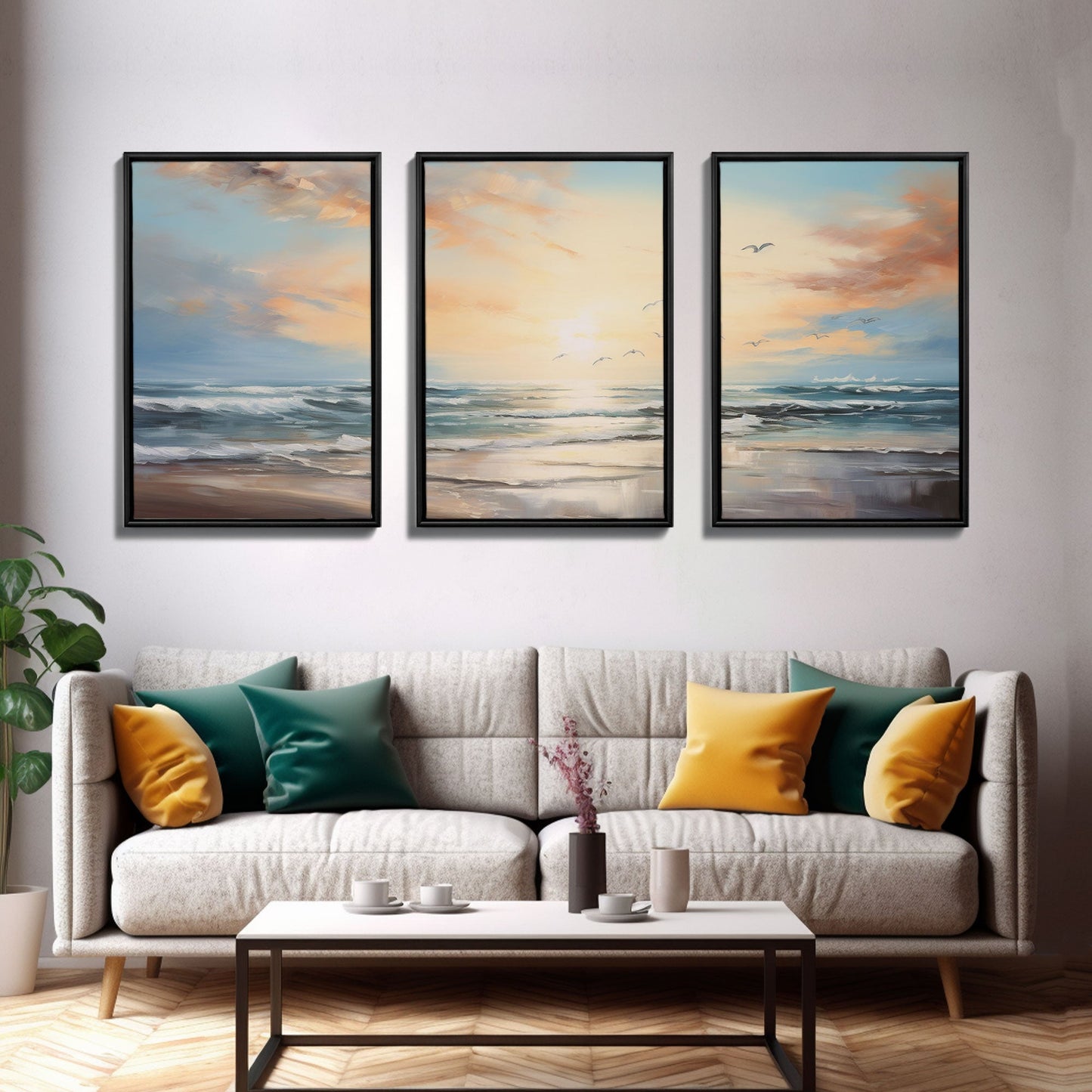 3 Panel Oil Painting Beach Sunrise | Framed Canvas Print