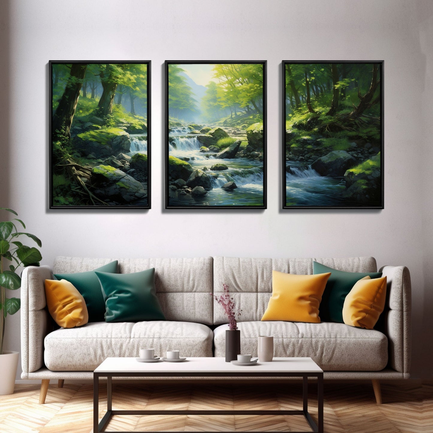 3 Panel Waterfall Forest | Framed Canvas Print