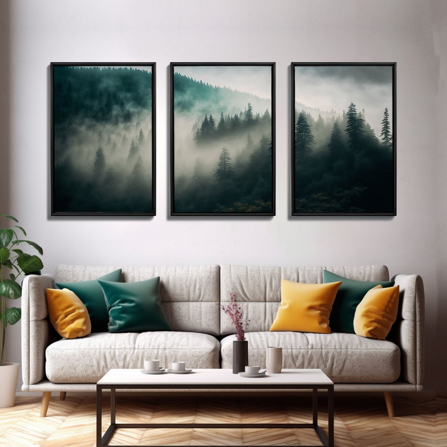 3 Panel Misty Forest Fog | Framed Canvas Print