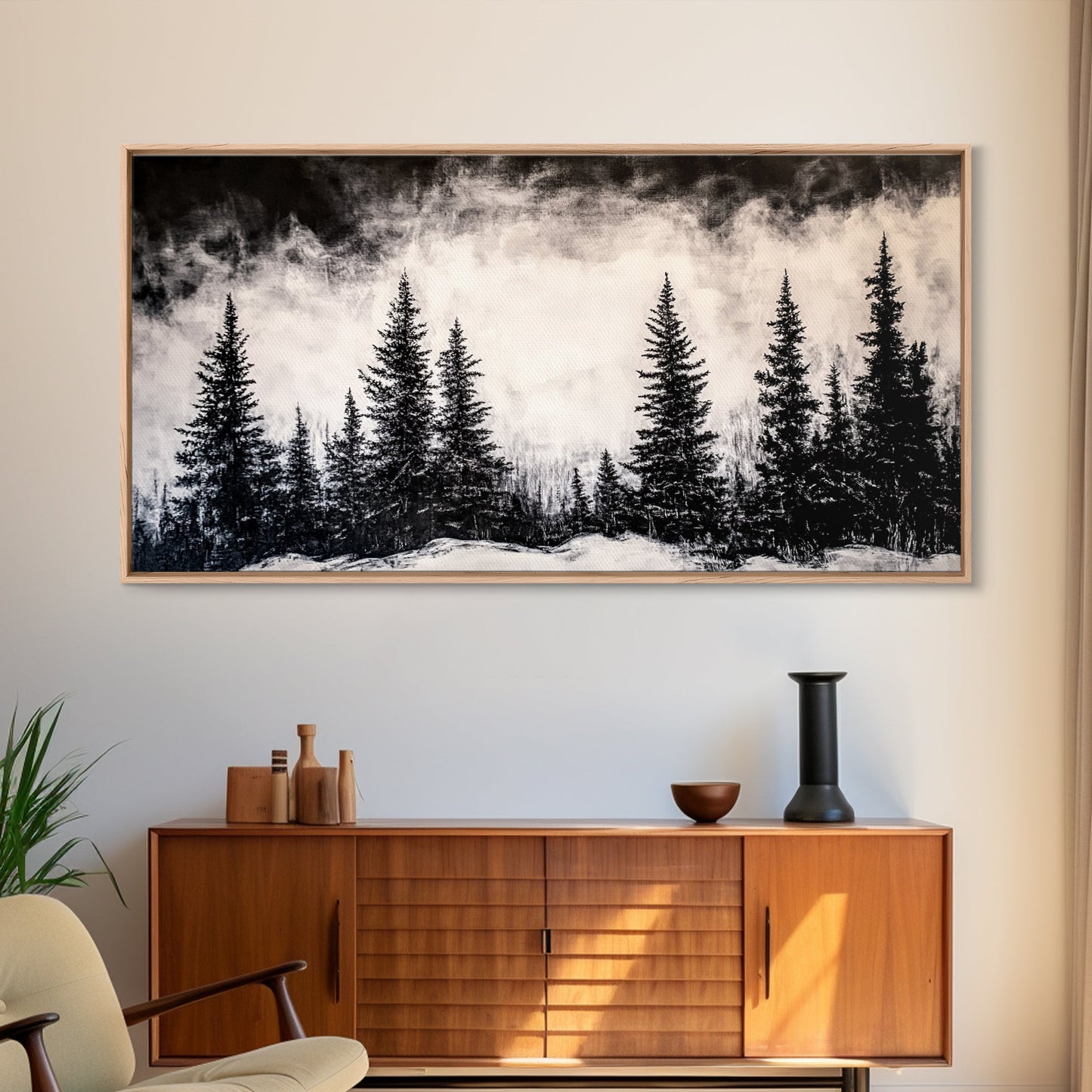 Pine Tree Foggy Winter | Black and White Framed Canvas Print