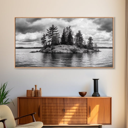 Lake Island & Pine Trees | Black & White Framed Canvas Print