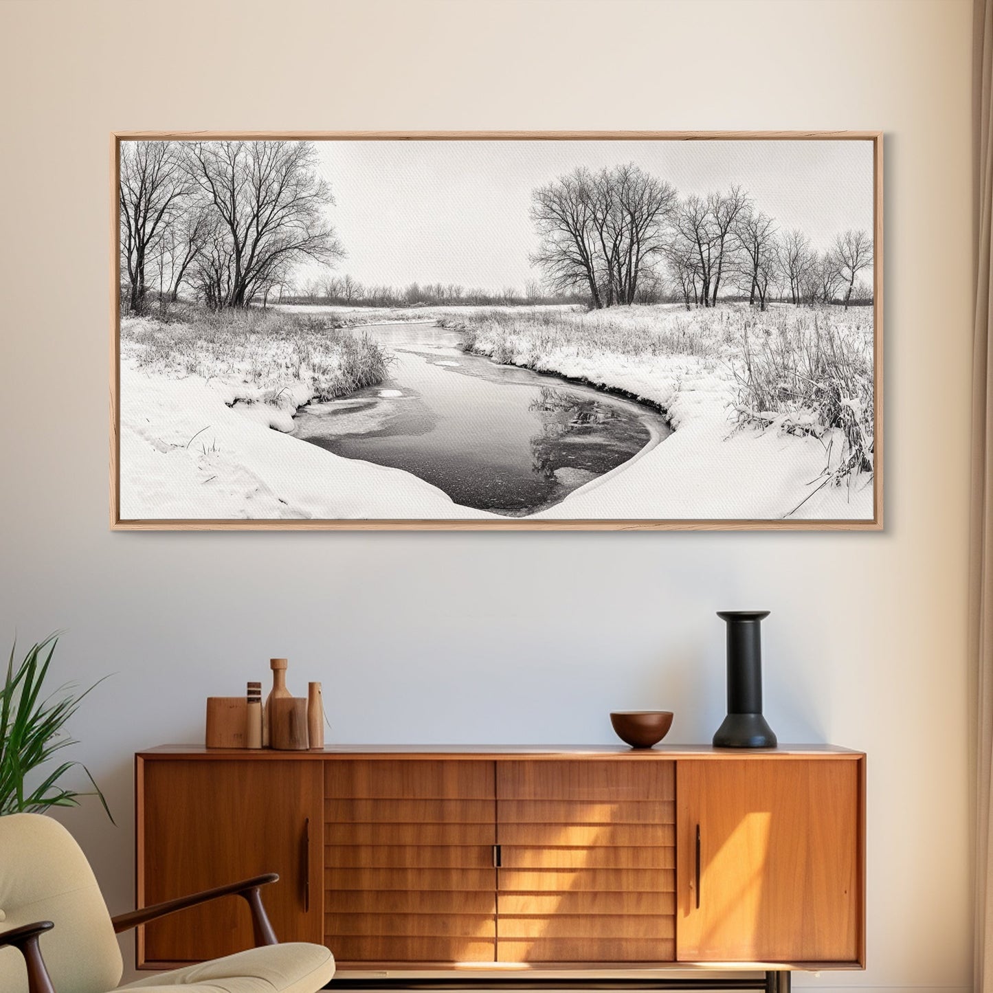 Frozen Stream & Bare Trees | Black & White Landscape Canvas Print
