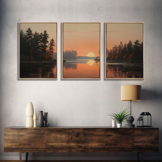 3 Panel Sunset Over the Lake | Framed Canvas Print