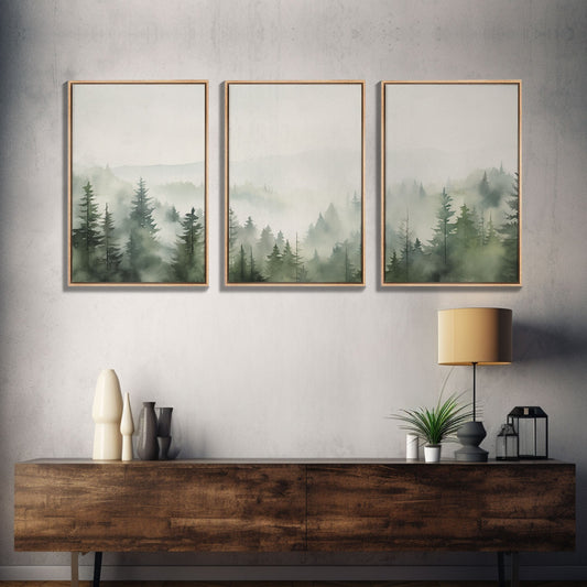 3 Panel Emerald Green Pinetree Mountain | Framed Canvas Print