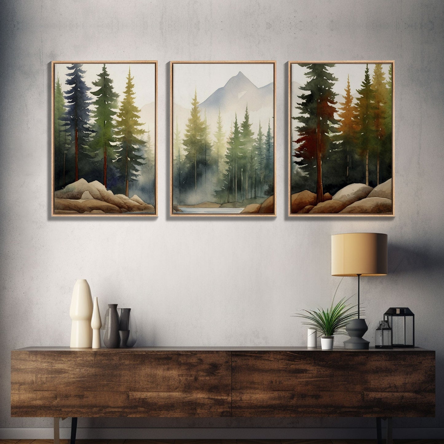 3 Panel Mountain Forest Lake | Framed Canvas Print