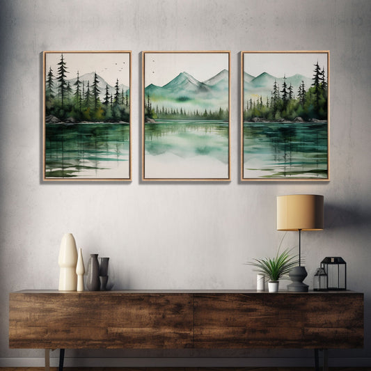 3 Panel Watercolor Emerald Green Mountain Forest Lake | Framed Canvas Print
