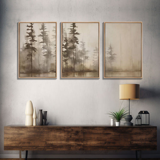 3 Panel Olive Green and Beige Tree Landscape | Framed Canvas Print