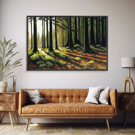 Watercolor Sunset in a Fall Forest | Framed Canvas Print