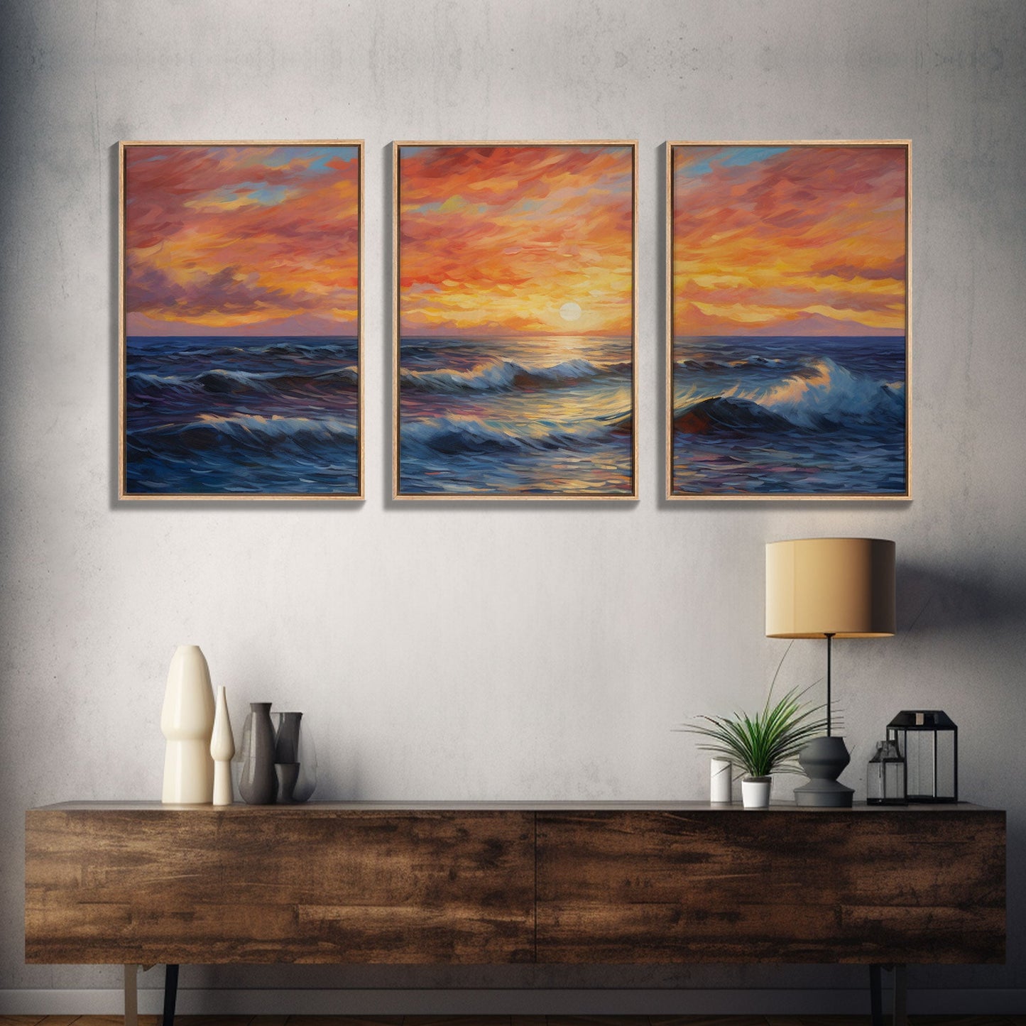 3 Panel Watercolor Blue Beach and Ocean Waves | Framed Canvas Print