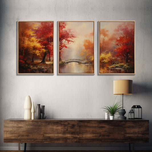 3 Panel Autumn Forest Oil Painting | Framed Canvas Print
