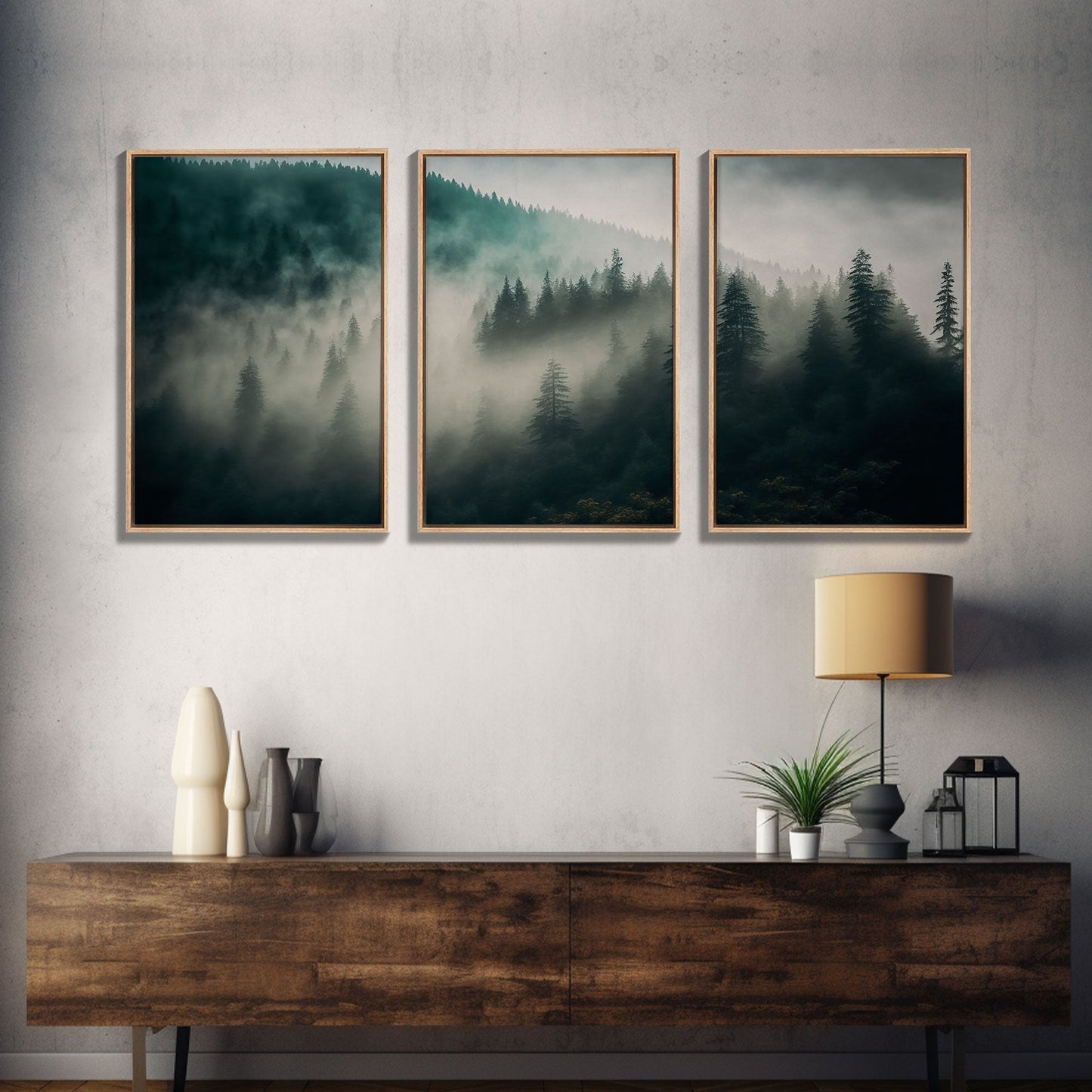 3 Panel Misty Forest Fog | Framed Canvas Print