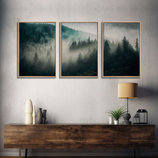 3 Panel Misty Forest Fog | Framed Canvas Print