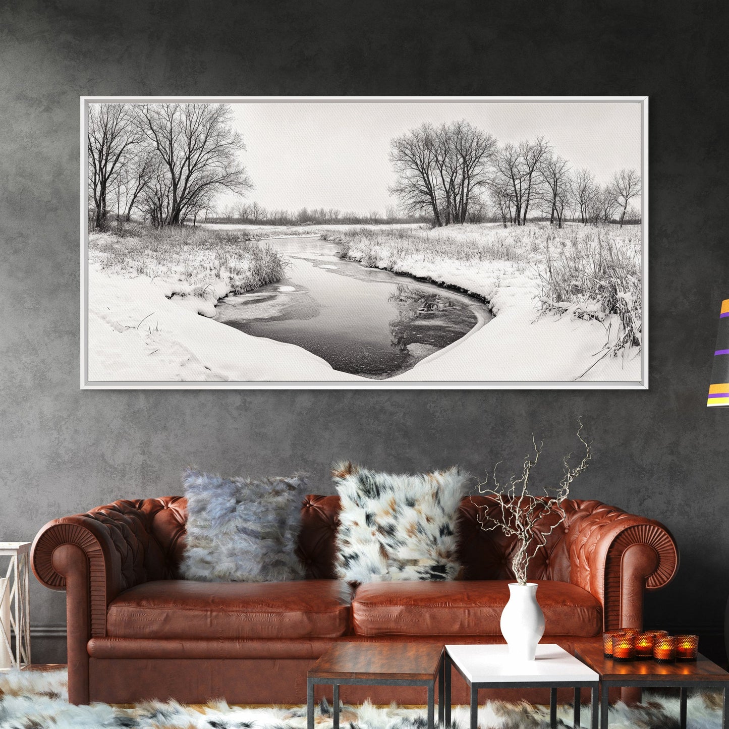 Frozen Stream & Bare Trees | Black & White Landscape Canvas Print