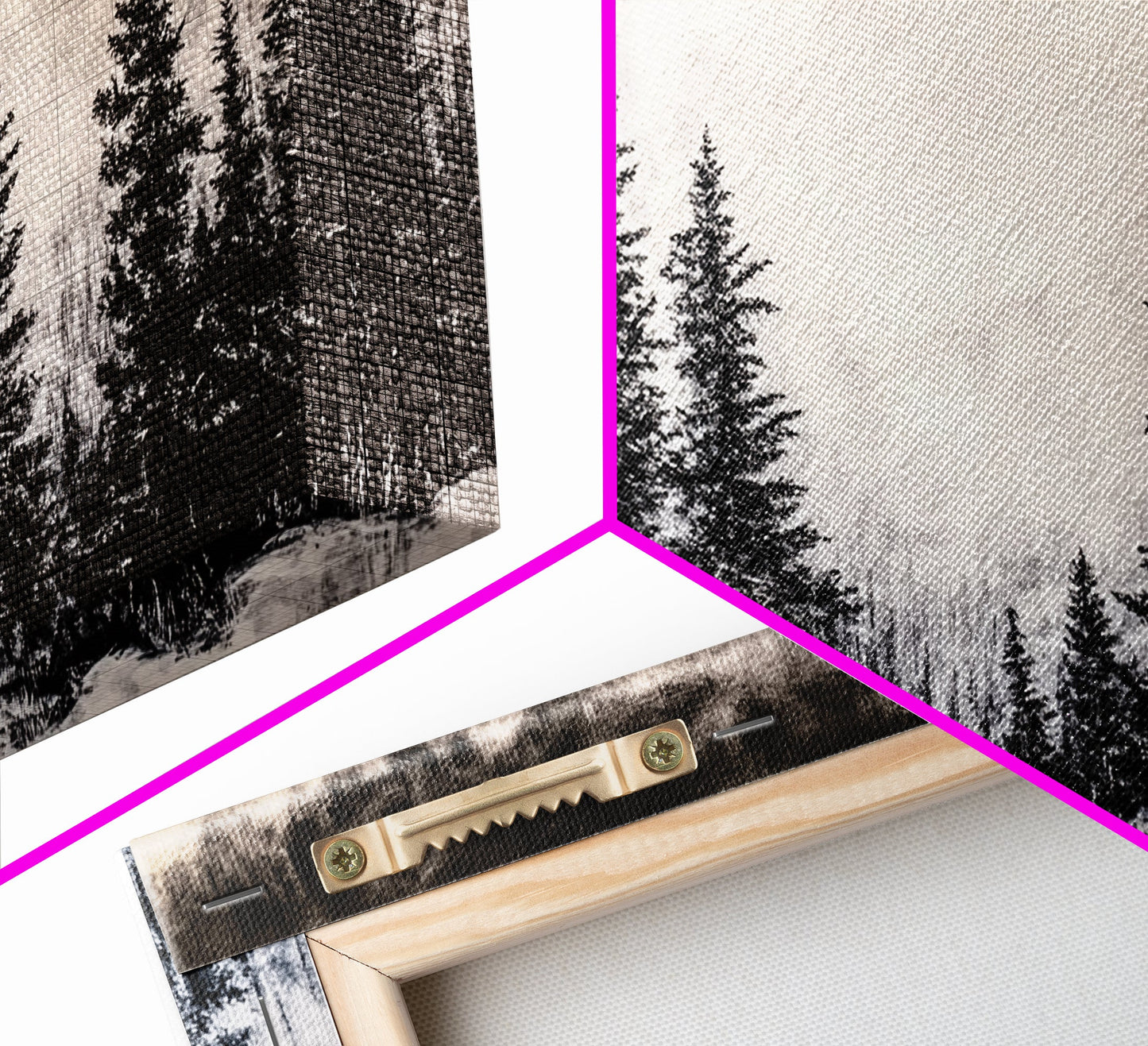 Pine Tree Foggy Winter | Black and White Framed Canvas Print