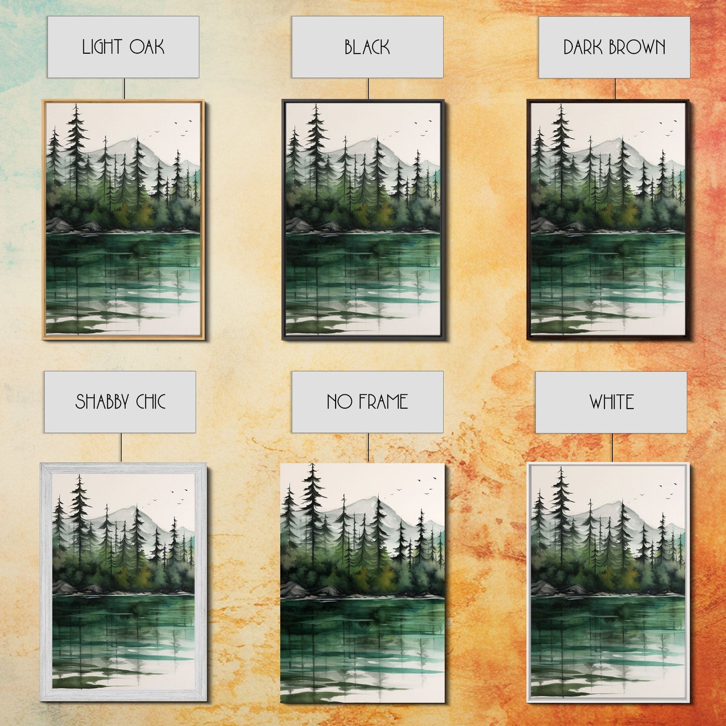 3 Panel Watercolor Emerald Green Mountain Forest Lake | Framed Canvas Print