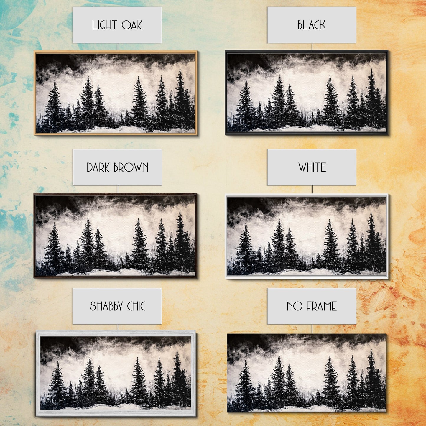 Pine Tree Foggy Winter | Black and White Framed Canvas Print