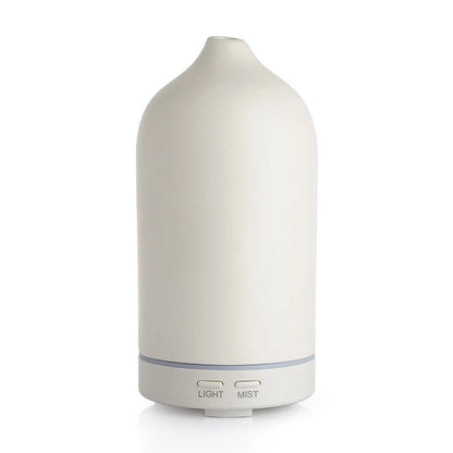 White essential oil diffuser with 'Light' and 'Mist' indicators on a white background