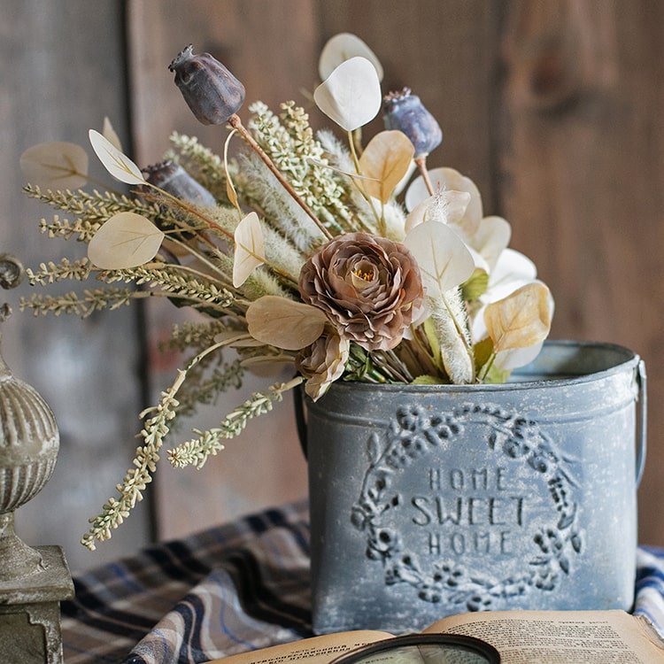 Gray Metal Flower Pot with Handle