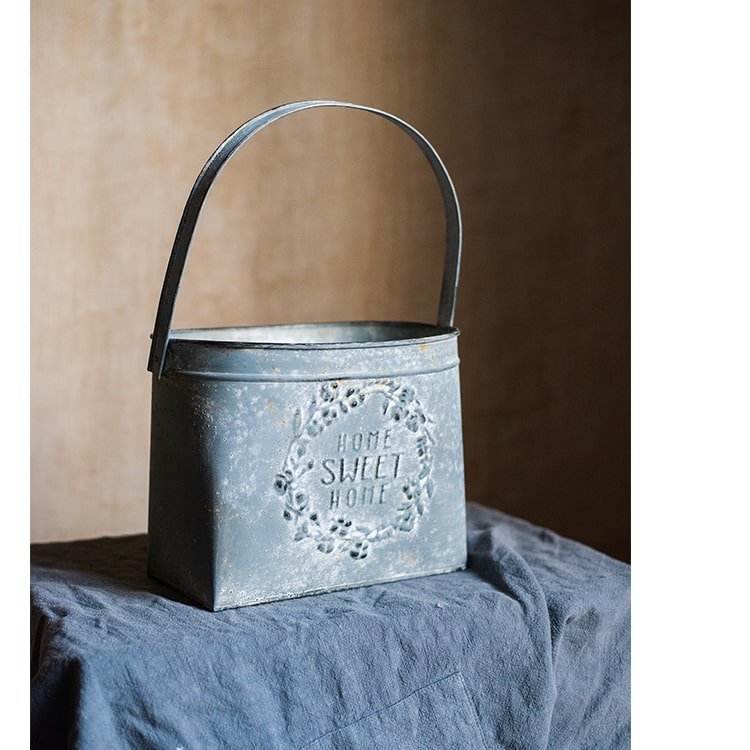 Gray Metal Flower Pot with Handle