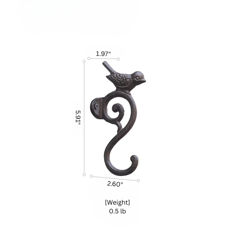 A dark metal bird-shaped hook with dimension annotations showing a height of 5.91 inches, a width of 2.