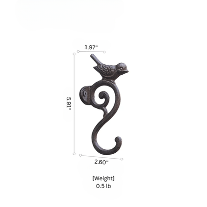 A dark metal bird-shaped hook with dimension annotations showing a height of 5.91 inches, a width of 2.