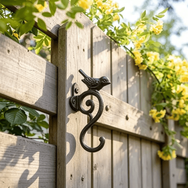 Decorative metal hook on a wooden fence with greenery and yellow flowers in the background