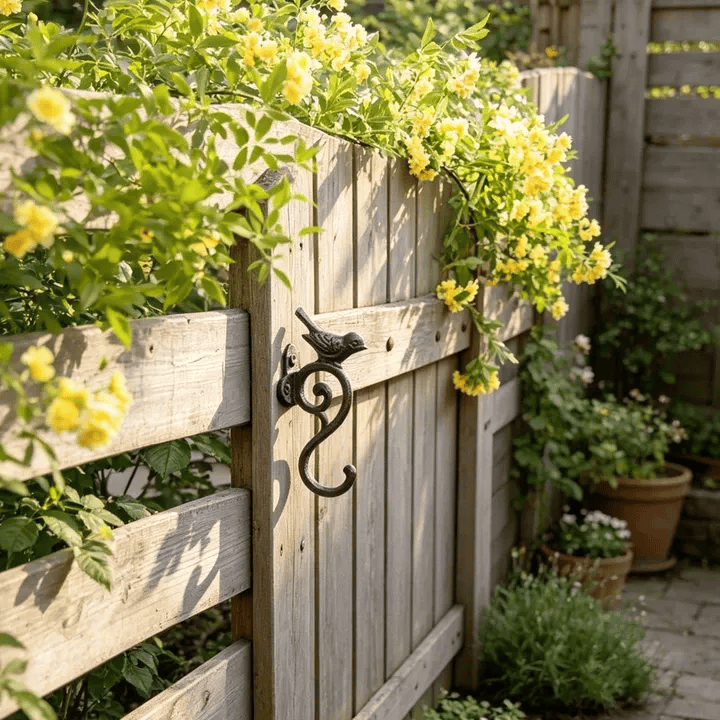 Wooden garden gate with decorative handle, surrounded by greenery and flowers.