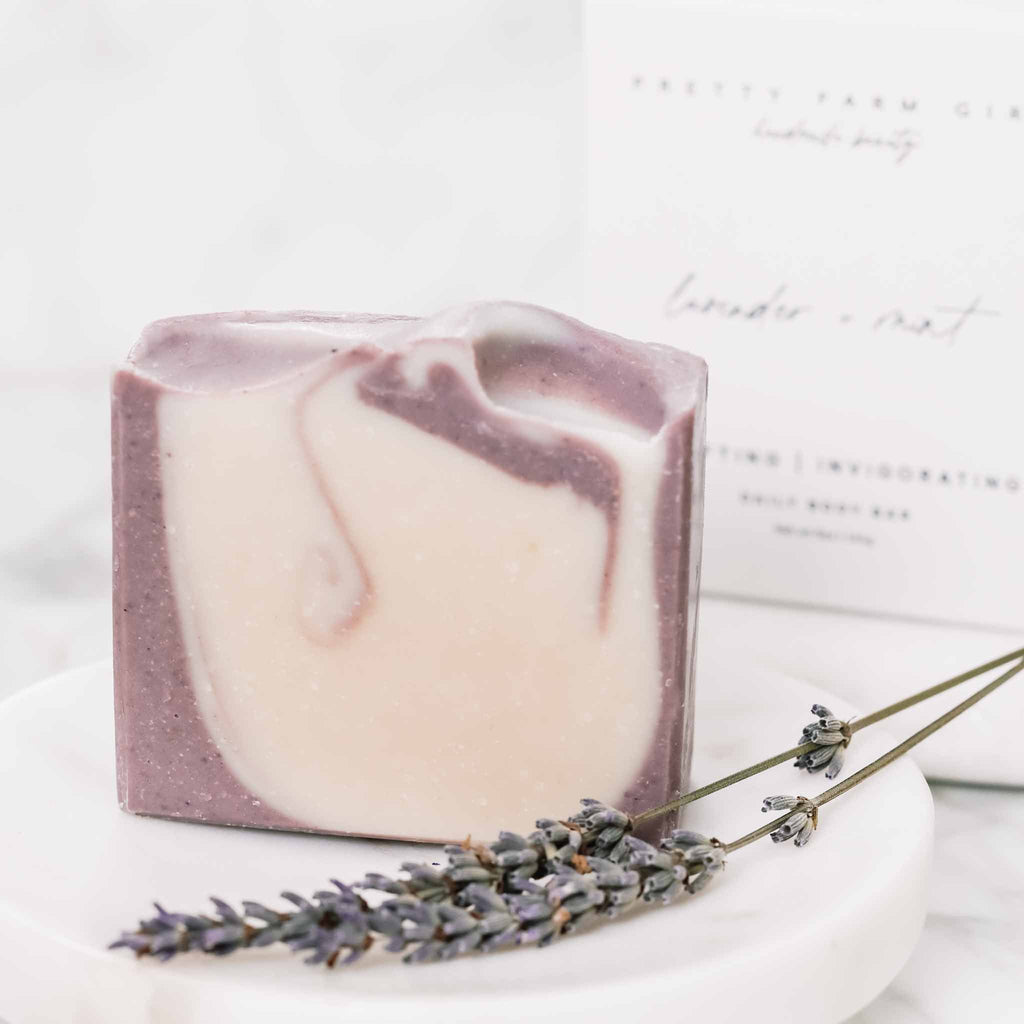 Lavender + Mint Handmade Tallow and Goat Milk Soap Bar bar soap with nature-inspired artwork - product view 3
