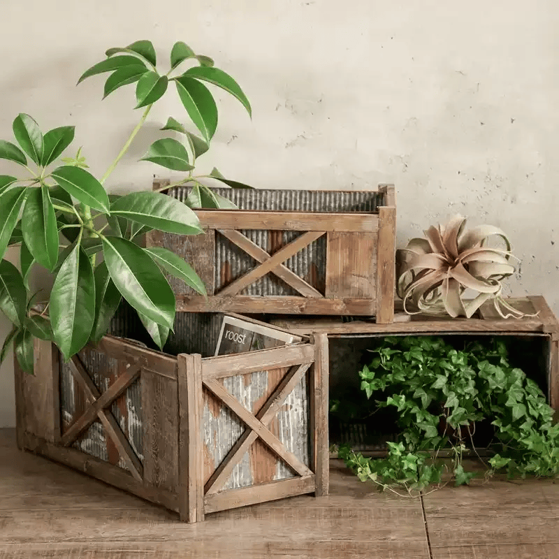 Weathered Wood and Galvanized Metal Planter Box