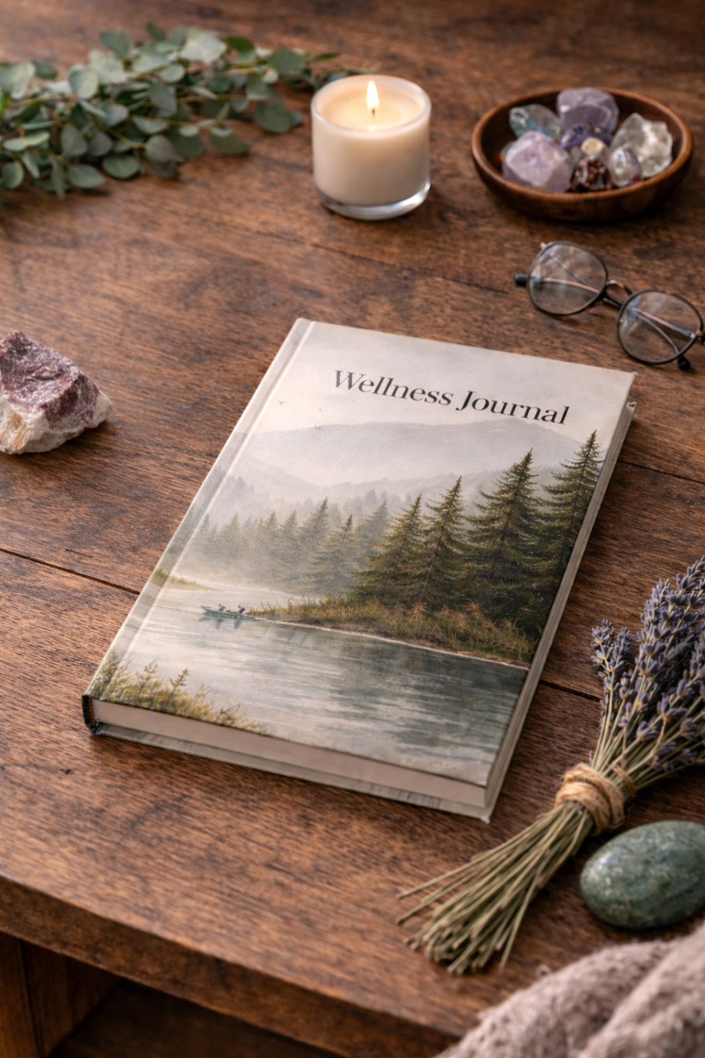 Misty Mountain Pines Wellness journal with nature-inspired artwork