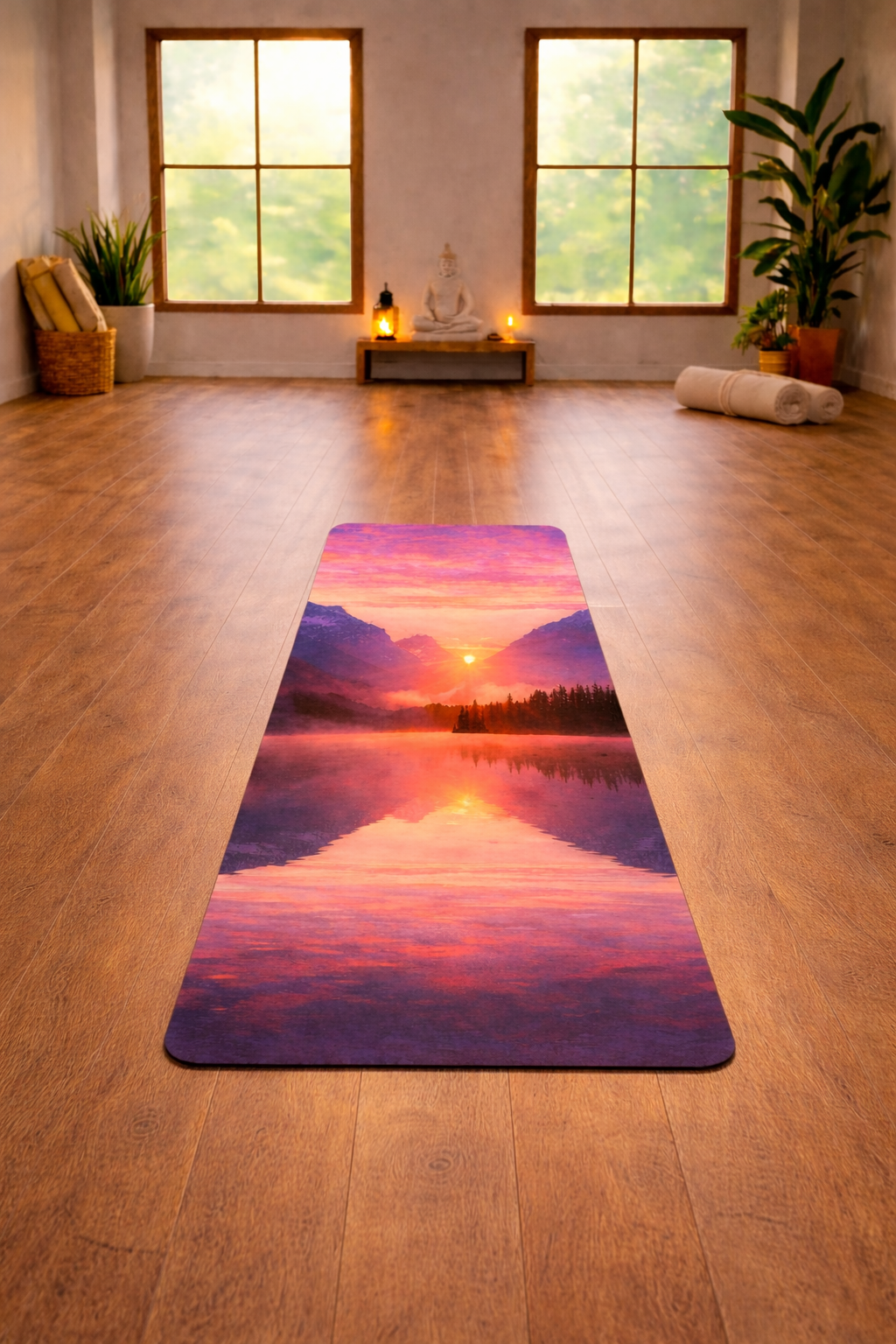 Mountain Sunset Over Lake yoga mat with nature-inspired artwork