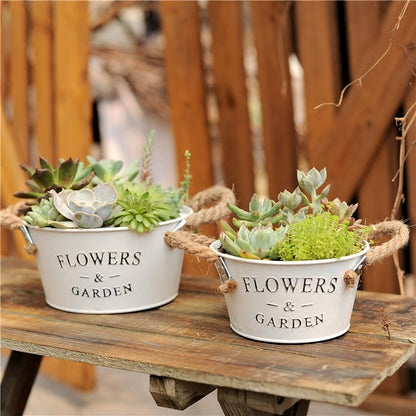 White Farmhouse Metal Planter, Oval or Round